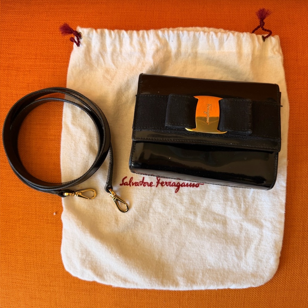 Vintage Salvatore Ferragamo Black Patent Vara Bow Crossbody/ Belt Bag